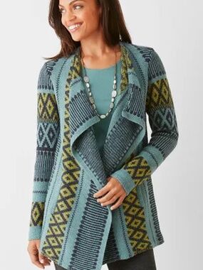 J. Jill Juniper Boho Geometric Aztec Jacquard Knit Draped Front Cardigan Sweater